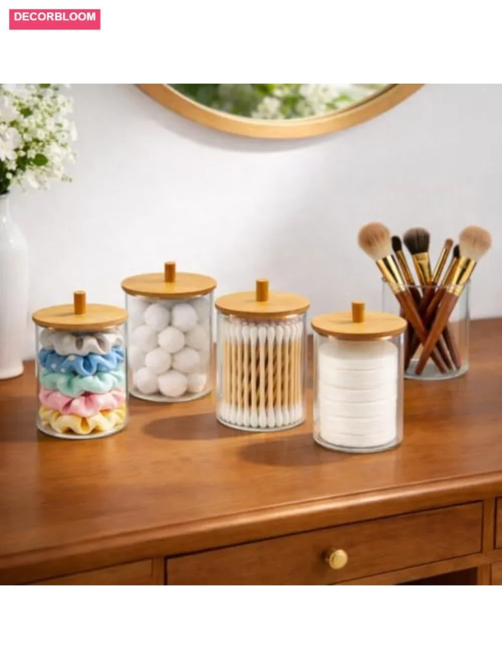 Glass Qtip Holder Dispenser Set with Bamboo Lids 10oz Cotton Swab Jar